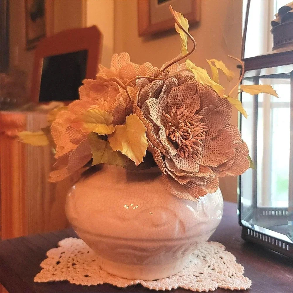 Burlap Flower Arrangement starter Fall Harvest Thanksgiving Rustic Decor Bouquet
